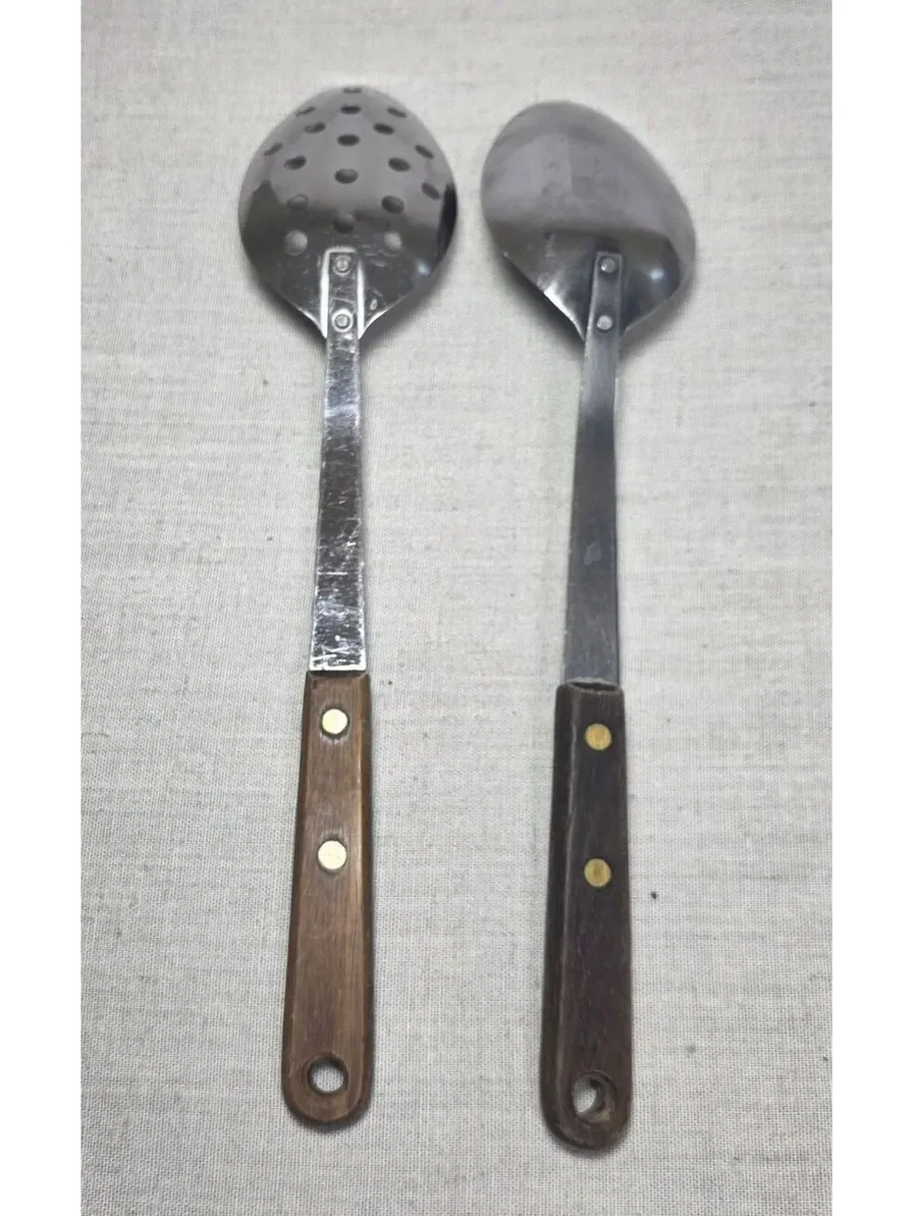 Vintage Robinson Stainless Steel Serving Spoon Slotted Spoon Wood Handle Set